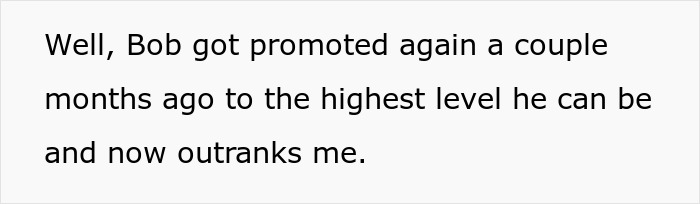 Text excerpt about Bob's promotion and outranking, relating to boss asked host entire family context. Text excerpt about Bob's promotion and outranking, relating to boss asked host entire family context.