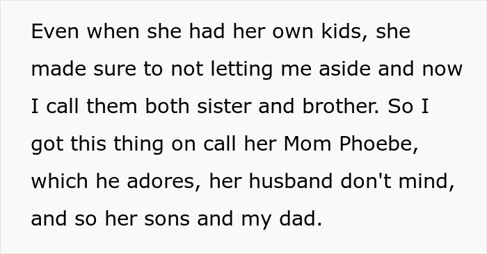 Text excerpt about family dynamics and calling Mom Phoebe, highlighting bio mom's reaction to honoring dad's bestie at wedding.