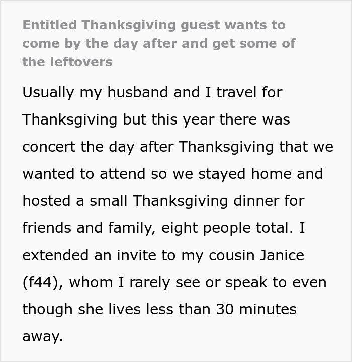 Alt text: Entitled Thanksgiving guest leaves without goodbye and insists on leftovers the next day from family dinner.