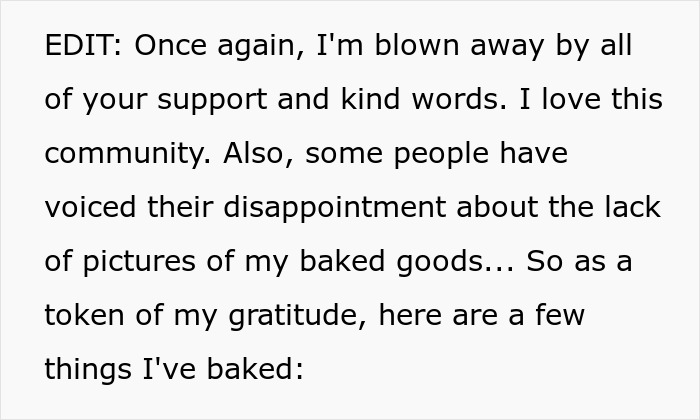 Text on a white background expressing gratitude and mentioning baked goods in response to community support. Text on a white background expressing gratitude and mentioning baked goods in response to community support.