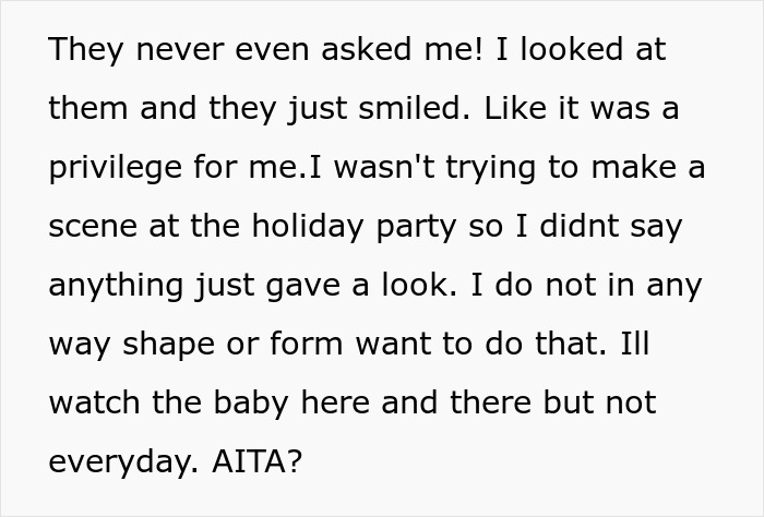 Text excerpt about a couple not wanting to sacrifice gym time for babysitting and expecting the aunt to give up hobbies.