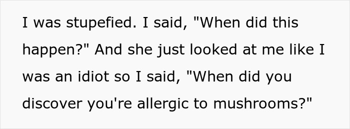 Text excerpt about confronting a woman pretending to have a food allergy to mushrooms.