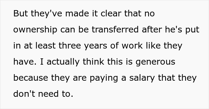 Text excerpt discussing ownership transfer and salary in a craft skills business started by half-brothers.
