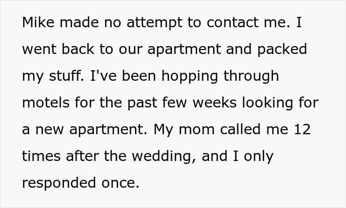 Text excerpt from a story about a bride walking out of her wedding after discovering the groom cheated with her mom.