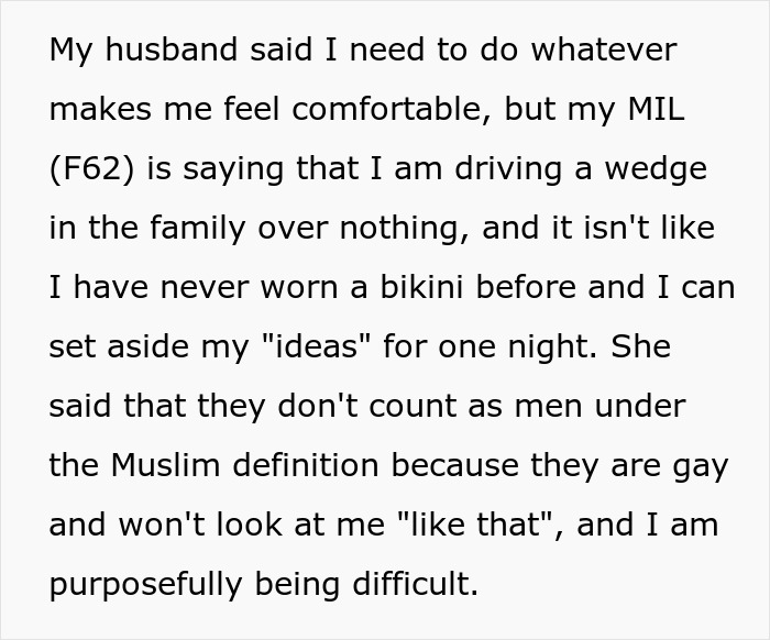 Text about family conflict over Muslim daughter-in-law refusing to wear bikini to bridal party, causing family tension. Text about family conflict over Muslim daughter-in-law refusing to wear bikini to bridal party, causing family tension.