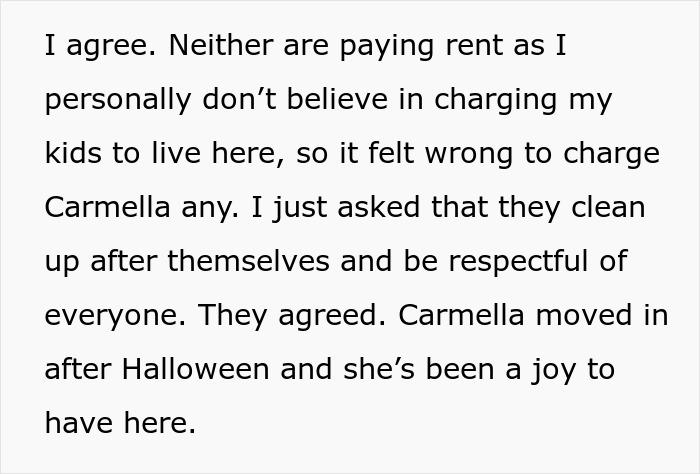Text excerpt discussing mom not charging rent to son's girlfriend who offered to cook meals while living together. Text excerpt discussing mom not charging rent to son's girlfriend who offered to cook meals while living together.