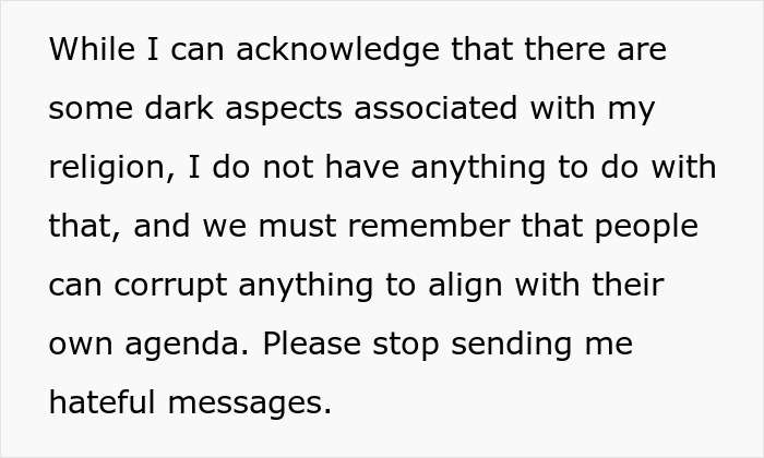 Text stating a person acknowledges dark aspects of religion but denies involvement and urges to stop hateful messages, family conflict context. Text stating a person acknowledges dark aspects of religion but denies involvement and urges to stop hateful messages, family conflict context.