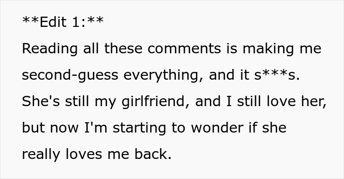 Text excerpt showing a man second-guessing his relationship after his girlfriend pressures him to lie about his career.