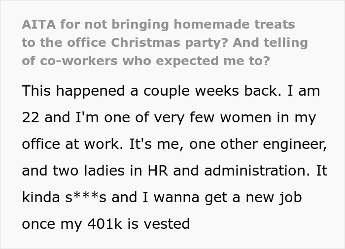 Text excerpt discussing office potluck store bought dessert drama and workplace treat expectations among female employees. Text excerpt discussing office potluck store bought dessert drama and workplace treat expectations among female employees.