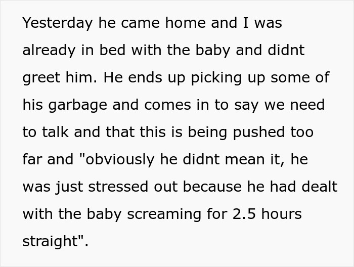 Text screenshot showing a stressed stay-at-home mom dealing with chores and a baby while husband calls her lazy.