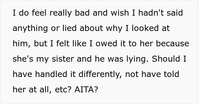 Text excerpt discussing feelings about lying to please fiancée and revealing truth involving ex and sister conflict. Text excerpt discussing feelings about lying to please fiancée and revealing truth involving ex and sister conflict.