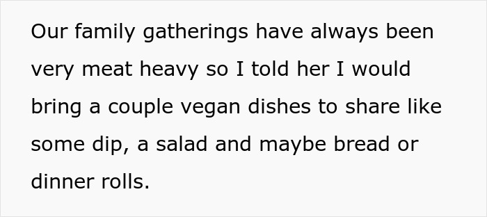 Text about family gatherings being meat heavy, mentioning bringing vegan dishes like dip, salad, and bread for no vegan options Christmas Eve dinner. Text about family gatherings being meat heavy, mentioning bringing vegan dishes like dip, salad, and bread for no vegan options Christmas Eve dinner.