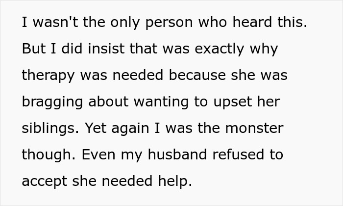Text discussing stepdaughter’s behavior issues and husband refusing to accept she needed help after therapy suggestion. Text discussing stepdaughter’s behavior issues and husband refusing to accept she needed help after therapy suggestion.