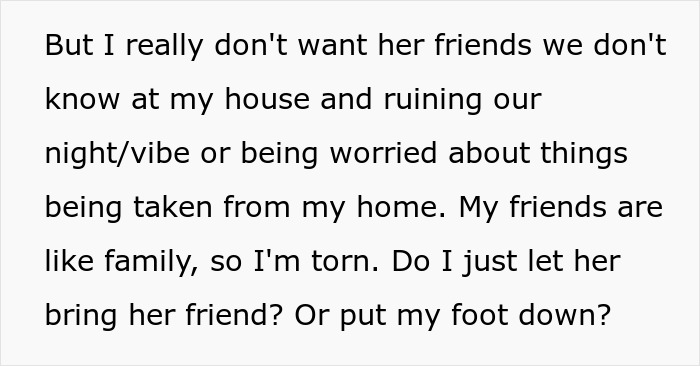 Text message discussing hesitation about letting friend&rsquo;s wife invite unknown people to the house, reflecting concerns over trust.