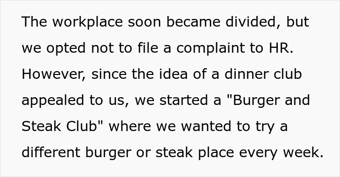 Text excerpt about an employee pushback leading to a burger and steak club opposing vegan-only club. Text excerpt about an employee pushback leading to a burger and steak club opposing vegan-only club.