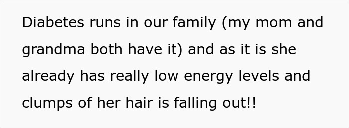 Text stating diabetes runs in family and mention of low energy levels and hair loss due to health concerns. Text stating diabetes runs in family and mention of low energy levels and hair loss due to health concerns.