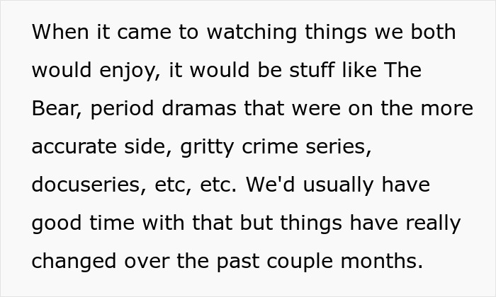 Text excerpt about couples' TV preferences illustrating man shaming girlfriend for loving fiction and lowering her IQ.