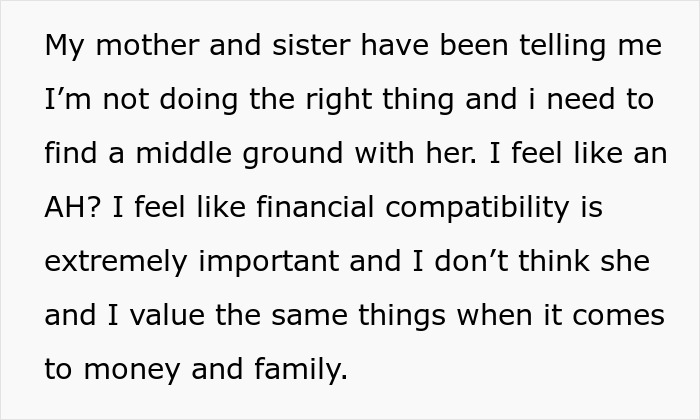 Text excerpt discussing financial compatibility and clashing values over money and family in a relationship ending over debt.