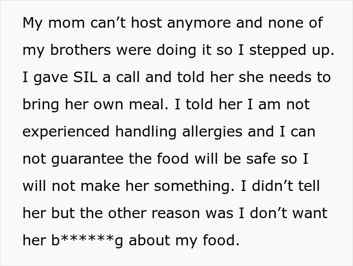 Family disagreement over catering to allergies leads to a woman setting boundaries and expecting others to bring their own meals.