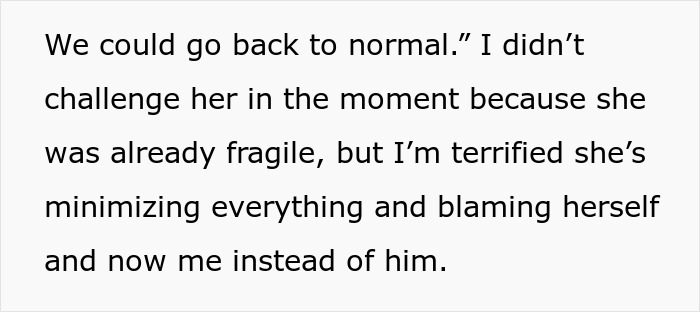 Text excerpt showing a woman reflecting on minimizing issues and blaming herself during a tense family moment. Text excerpt showing a woman reflecting on minimizing issues and blaming herself during a tense family moment.