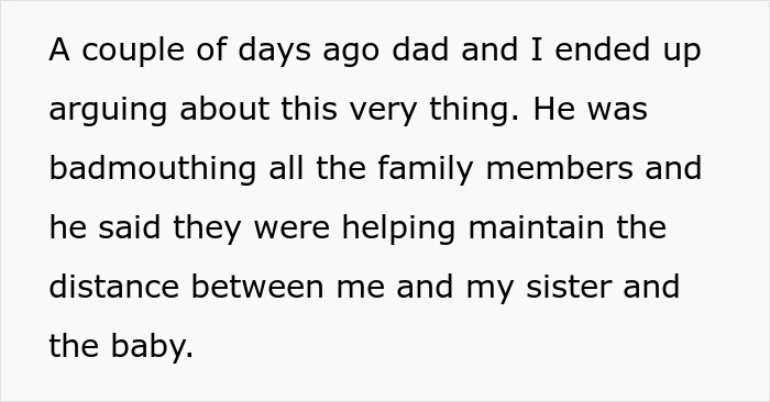 Text excerpt about dad cutting off late wife’s family and teen confronting him over new baby and family tensions. Text excerpt about dad cutting off late wife’s family and teen confronting him over new baby and family tensions.