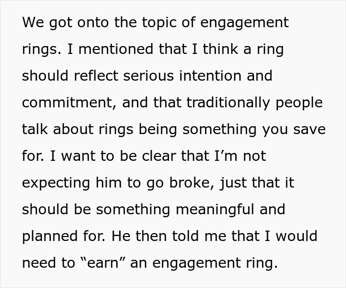 Text excerpt about engagement rings and the expectation to earn an engagement ring after years of commitment.