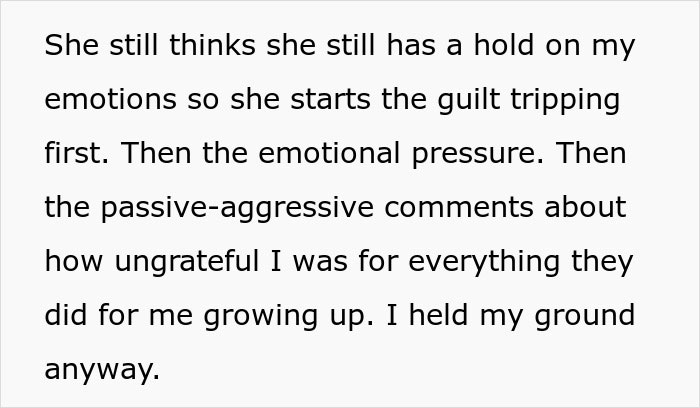 Text discussing a man cutting off parents after their revenge and emotional pressure over his small wedding plans.