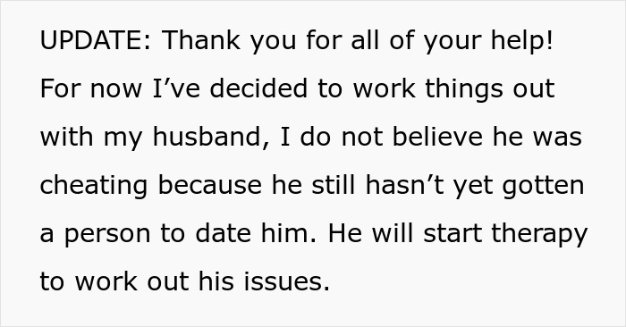 Text update from a woman explaining her husband&rsquo;s struggle with open marriage and his need to start therapy.