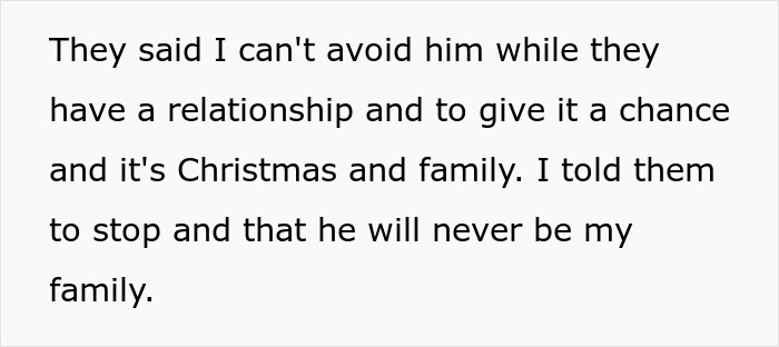 Text excerpt describing a family conflict where a guy refuses to accept a sibling’s relationship during Christmas. Text excerpt describing a family conflict where a guy refuses to accept a sibling’s relationship during Christmas.