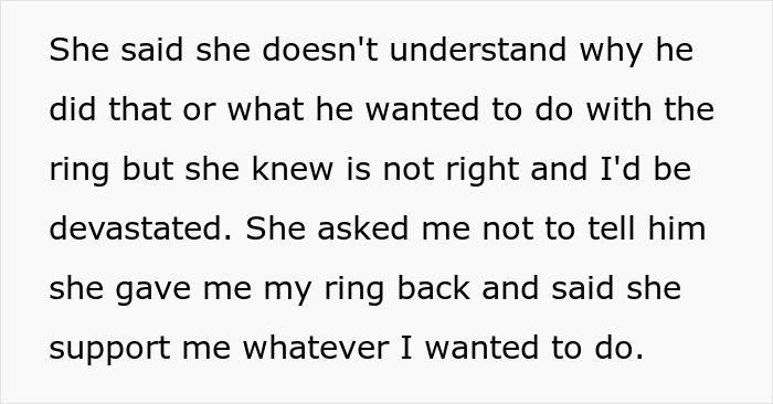 Text excerpt discussing feelings about a ring and support related to a breaking up ultimatum over ring situation. Text excerpt discussing feelings about a ring and support related to a breaking up ultimatum over ring situation.