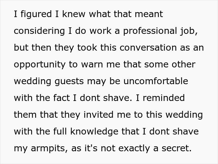 Text excerpt discussing bride and groom viewing woman's hairy armpits as a personal insult at wedding event. Text excerpt discussing bride and groom viewing woman's hairy armpits as a personal insult at wedding event.