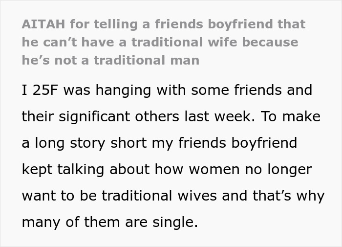 Text excerpt discussing toxic man venting about traditional wives and reactions to his flawed logic in relationships. Text excerpt discussing toxic man venting about traditional wives and reactions to his flawed logic in relationships.