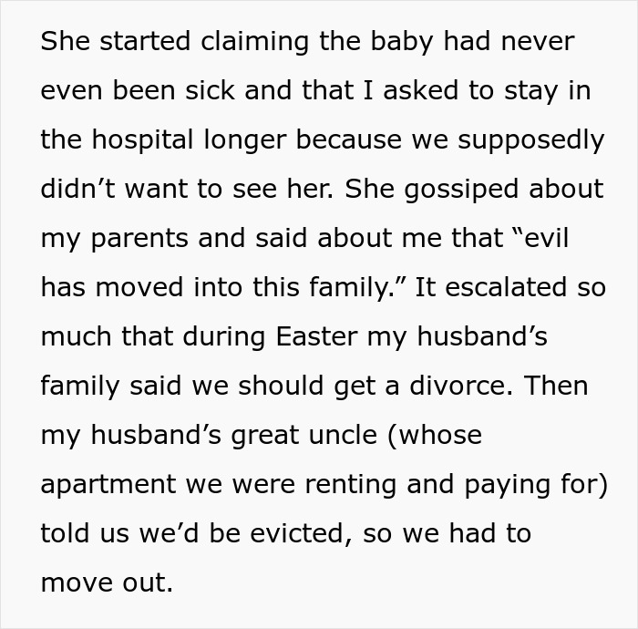 Text excerpt describing MIL declaring evil has moved into family after DIL’s premature birth and family tensions escalate.