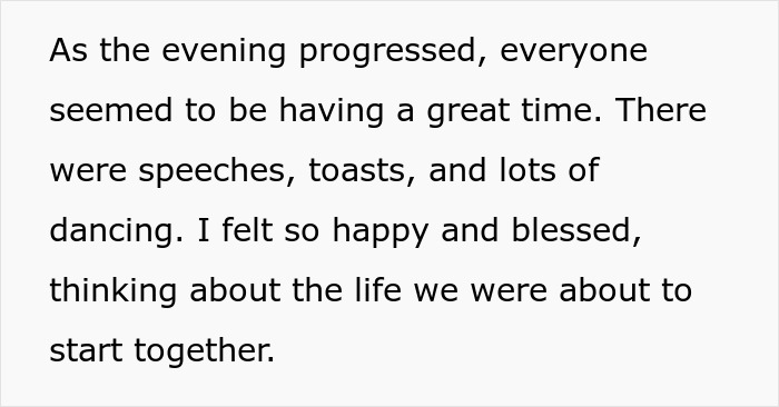 Text excerpt depicting a bride feeling happy and blessed at a wedding before a couple split at altar incident.