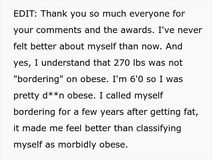 Text post discussing personal weight and feelings about being classified as obese, relating to guy vents online and girlfriend claps back. Text post discussing personal weight and feelings about being classified as obese, relating to guy vents online and girlfriend claps back.