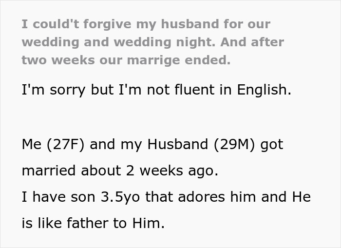 Woman explains how her marriage fell apart within two weeks after husband ruined their wedding night. Woman explains how her marriage fell apart within two weeks after husband ruined their wedding night.