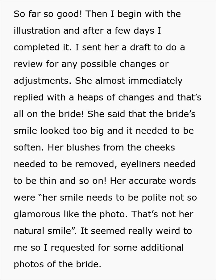 Text excerpt describing a bride's wedding illustration adjustments requested by MIL to alter her appearance.