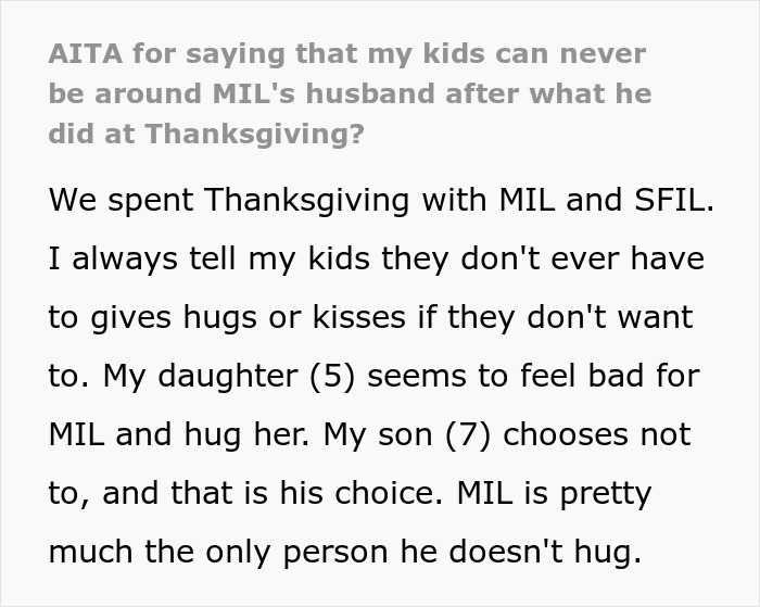 Text excerpt about a step-grandpa banned from visiting kids after denying candy to 7-year-old who refused a hug from granny. Text excerpt about a step-grandpa banned from visiting kids after denying candy to 7-year-old who refused a hug from granny.