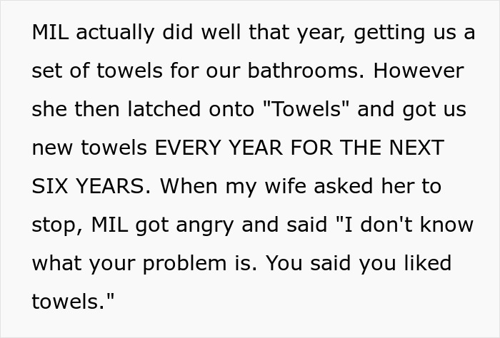 Text excerpt from a story showing a mother-in-law repeatedly gifting towels despite requests to stop. Text excerpt from a story showing a mother-in-law repeatedly gifting towels despite requests to stop.