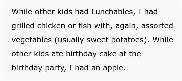 Text excerpt showing a child’s experience with food allergies, highlighting parents lied about allergies affecting meals.