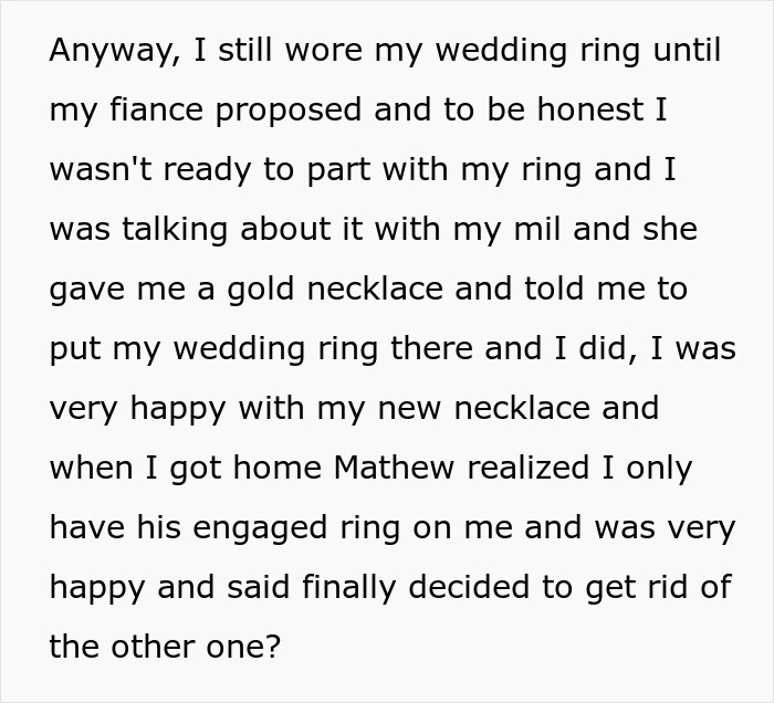 Text about wearing a wedding ring and discussing a breaking up ultimatum over ring with a mother-in-law. Text about wearing a wedding ring and discussing a breaking up ultimatum over ring with a mother-in-law.