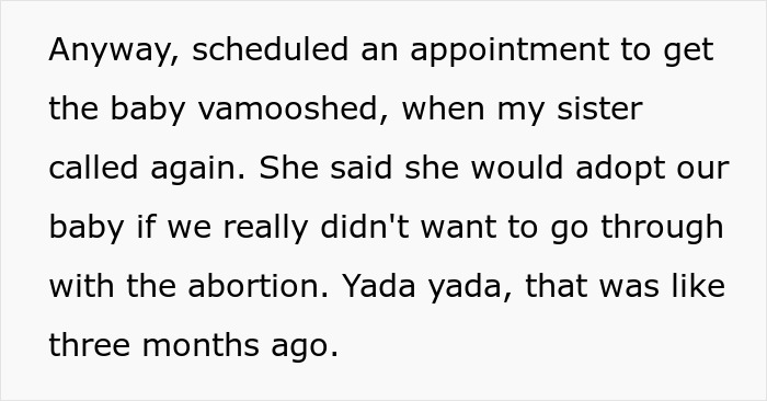 Text discussing a woman scheduling an abortion while her sister offers to adopt the white baby instead. Text discussing a woman scheduling an abortion while her sister offers to adopt the white baby instead.