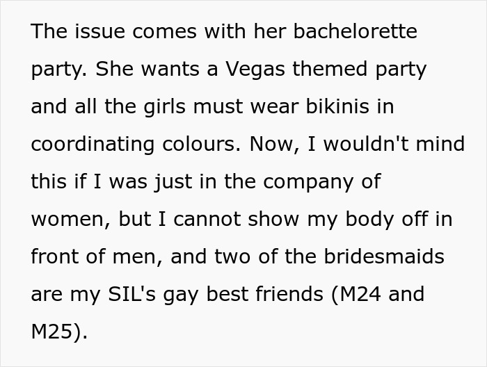Text explaining conflict where Muslim daughter-in-law refuses to wear bikini to bridal party, causing family tension. Text explaining conflict where Muslim daughter-in-law refuses to wear bikini to bridal party, causing family tension.