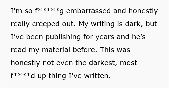 Text excerpt from a woman asking the internet for advice after her boyfriend calls the police over her novel’s content. Text excerpt from a woman asking the internet for advice after her boyfriend calls the police over her novel’s content.