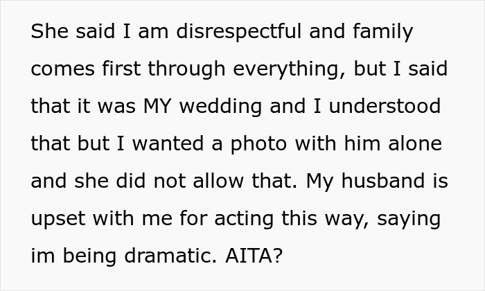 Text post discussing MIL deciding to wear a white dress for son's wedding, causing conflict over wedding photos.