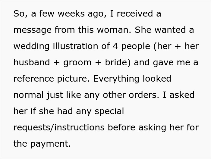 Wedding illustration request from MIL intended to make bride look ugly, but artist quickly notices the plan and reacts.