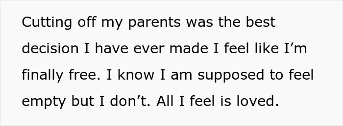 Text image stating feelings of freedom and love after cutting off parents amid bride&rsquo;s parents tantrums at wedding conflict.