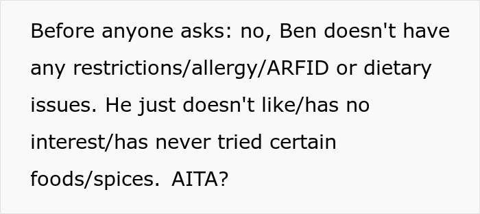 Text about picky eater Ben with no dietary issues, demanding changes to the Christmas menu, sparking a reality check. Text about picky eater Ben with no dietary issues, demanding changes to the Christmas menu, sparking a reality check.