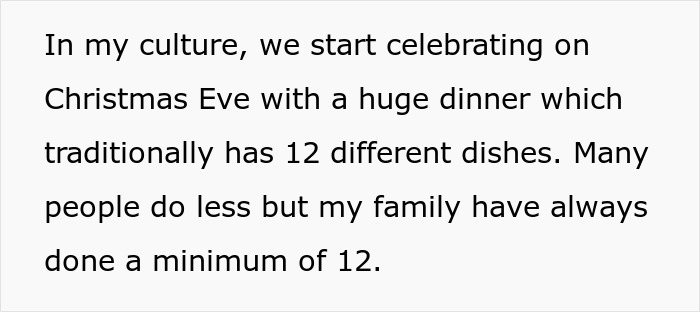Text about Christmas Eve dinner traditions with mention of family expecting multiple dishes and food contributions. Text about Christmas Eve dinner traditions with mention of family expecting multiple dishes and food contributions.