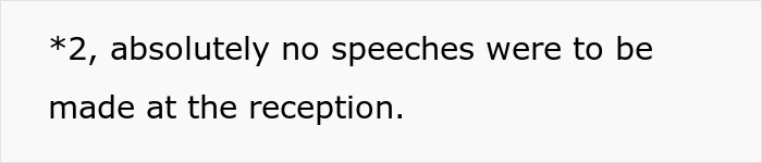 Text on white background reading no speeches allowed at wedding reception, relating to bride walking out after groom cheating scandal.